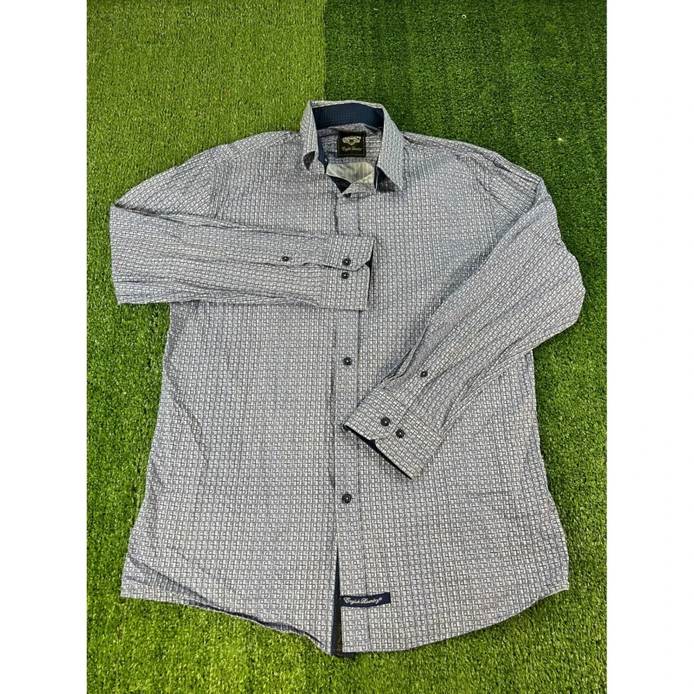 English Laundry Men Blue White Geometric Square Print Cotton Button Down Shirt L